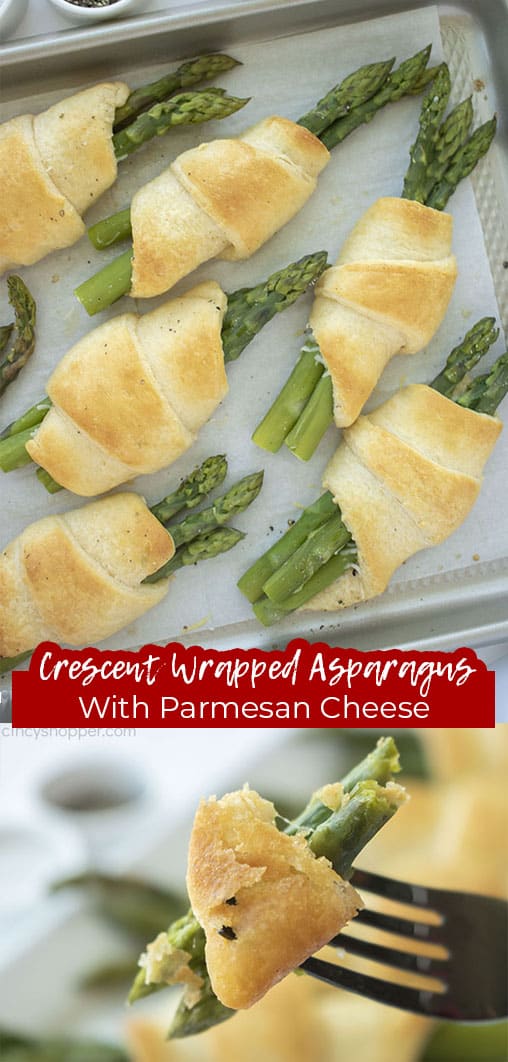 Long pin collage with text Crescent Wrapped Asparagus with Parmesan Cheese