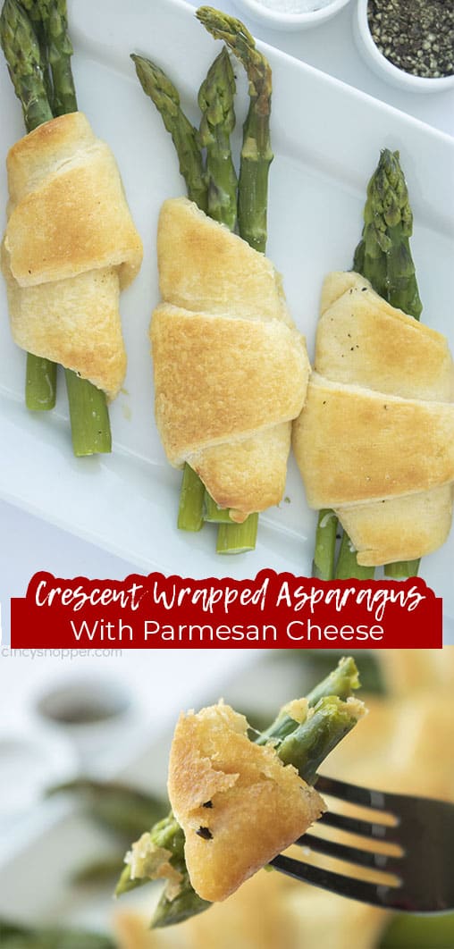 Long pin collage with text Crescent Wrapped Asparagus with Parmesan Cheese