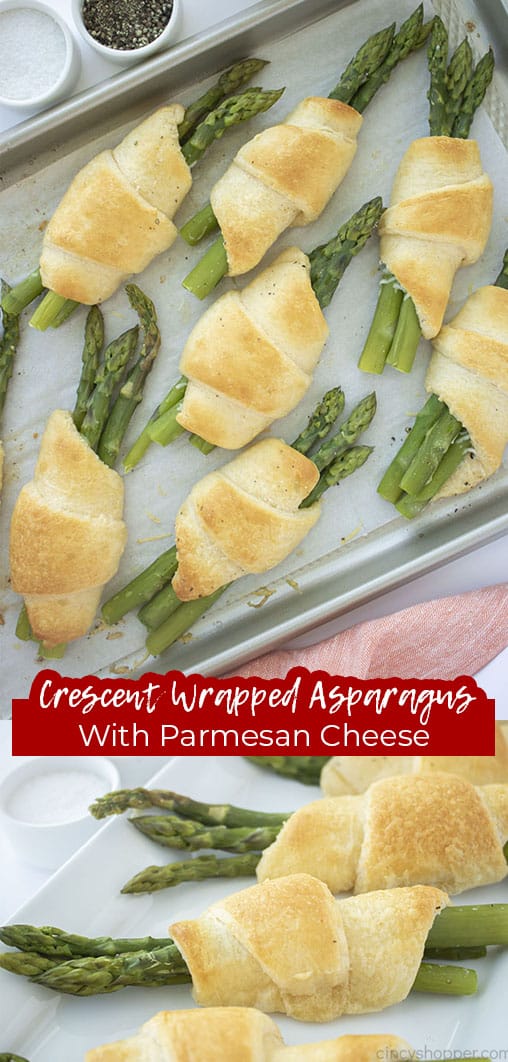 Long pin collage with text Crescent Wrapped Asparagus with Parmesan Cheese