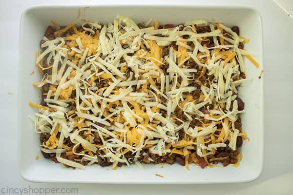 Final cheese layer added to ground beef casserole
