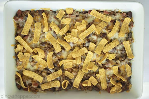 Frito corn chips on top of chili bake
