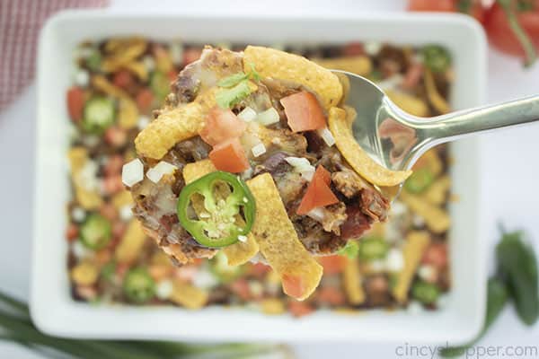 Frito Pie Casserole on a spoon