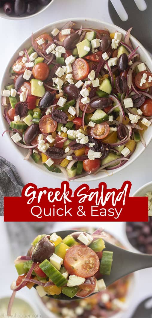 Long pin collage with text Greek Salad Quick & Easy
