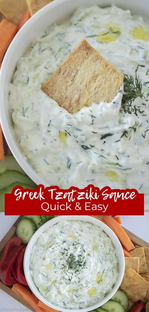 Long pin collage with text Greek Tzatziki Quick & Easy