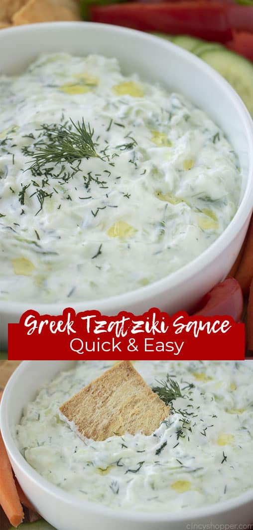 Long pin collage with text Greek Tzatziki Quick & Easy