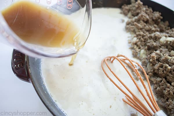 Broth added to make white hamburger gravy