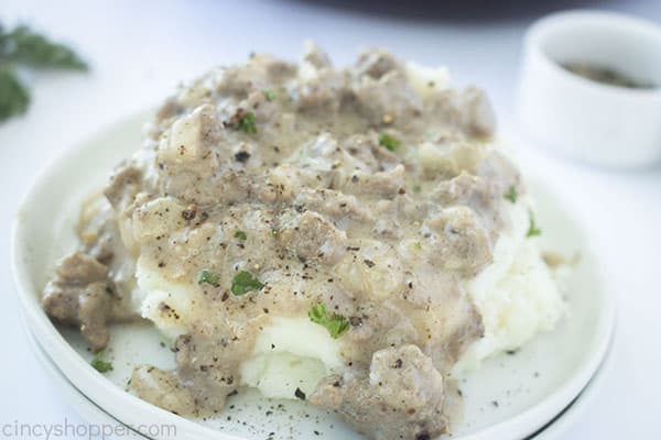 Hamburger gravy on top of potatoes