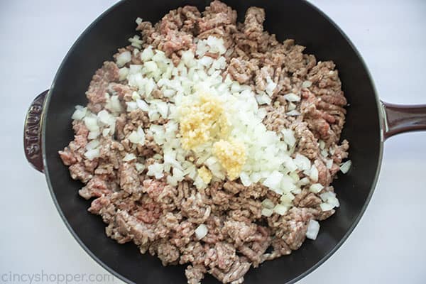 Ground Beef, onions, and garlic in a pan