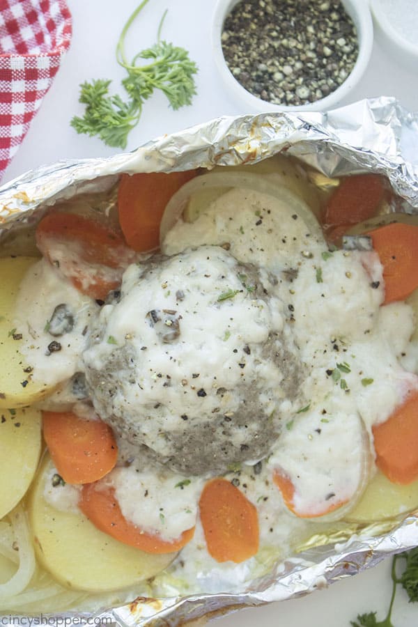 Hobo Dinner Pack in foil with vegetables