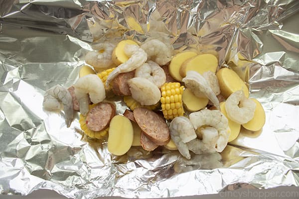 Cajun boil ingredients in foil