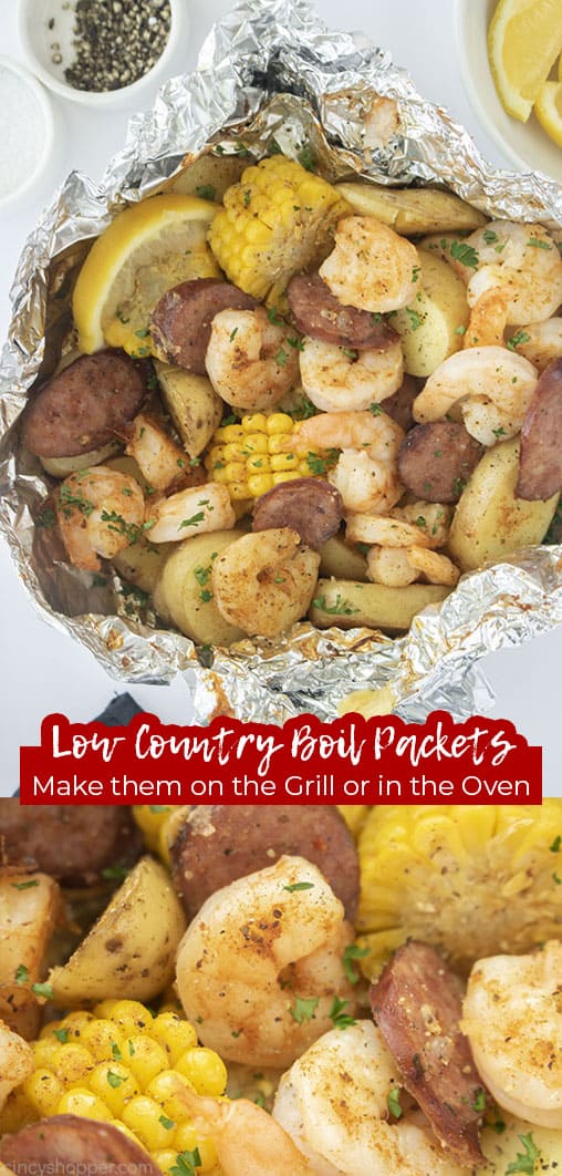 Long pin collage with text Low Country Boil Packets Make them on the Grill or in the Oven.