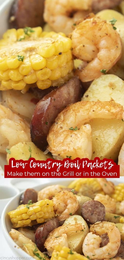 Long pin collage with text Low Country Boil Packets Make them on the Grill or in the Oven.