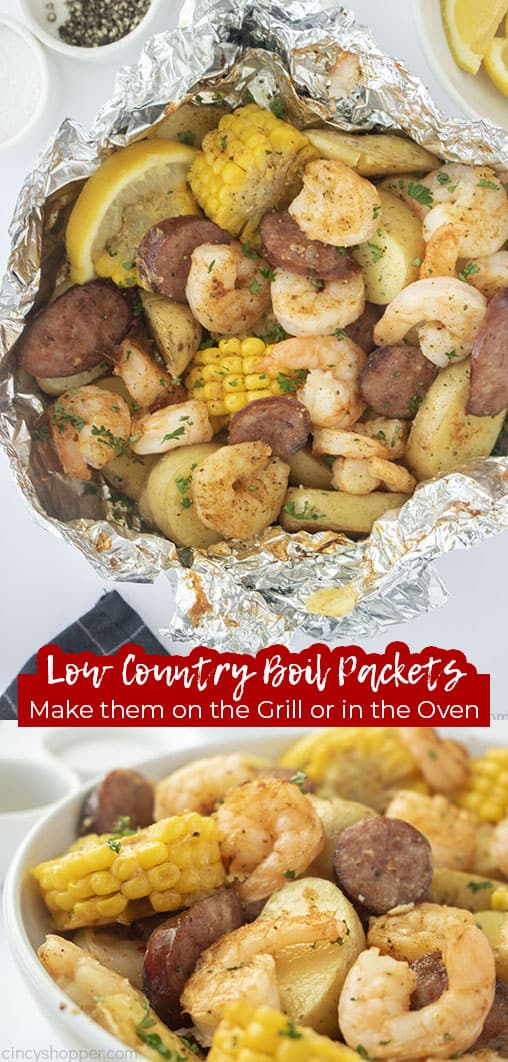 Long pin collage with text Low Country Boil Packets Make them on the Grill or in the Oven.