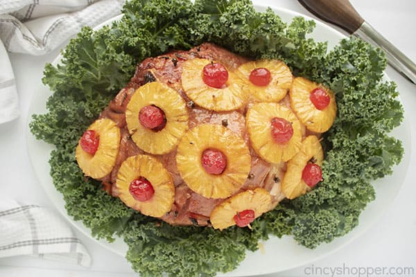 Pineapple Ham with Cherries on a platter