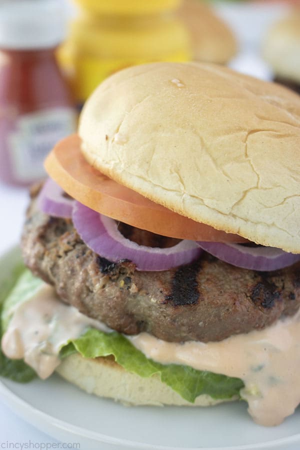 Grilled Burger on a roll with toppings