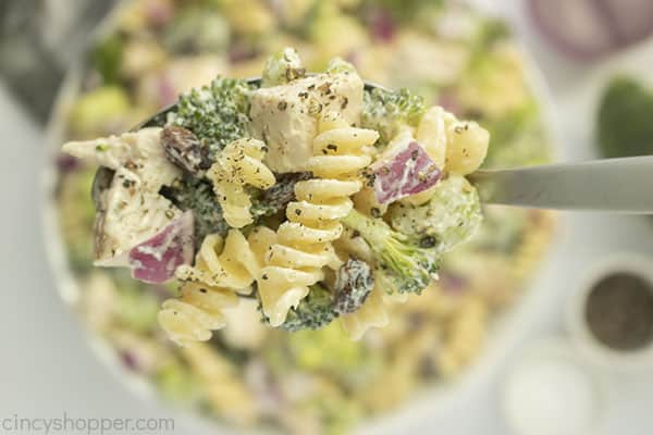 Chicken Broccoli Salad on a spoon