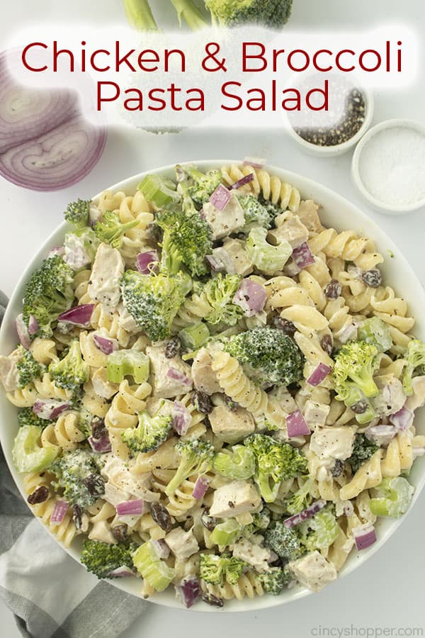 Text on image Chicken & Broccoli Pasta Salad