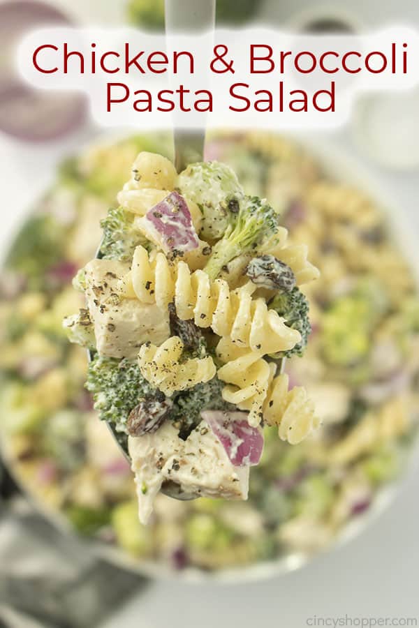 Text on image Chicken with Broccoli Pasta Salad