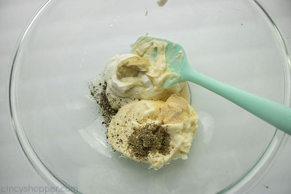 Dressing ingredients for pasta salad in a bowl