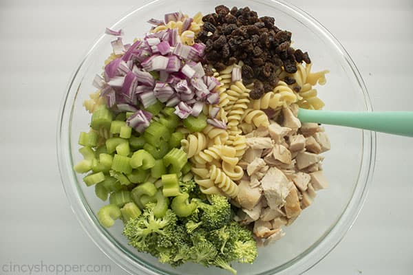 Pasta Salad ingredients in a bowl