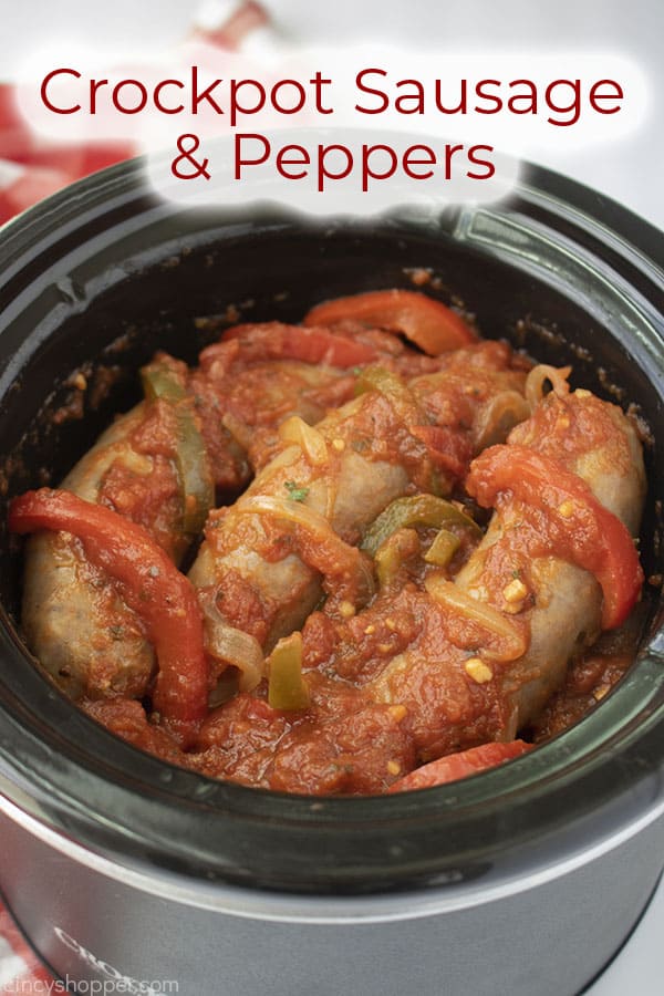 Text on image Crockpot Sausage and Peppers