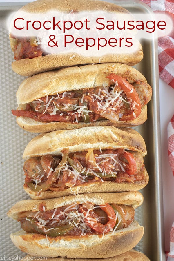 Text on image Crockpot Sausage and Peppers