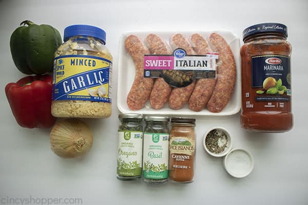 Ingredients for slow cooker sausage and peppers