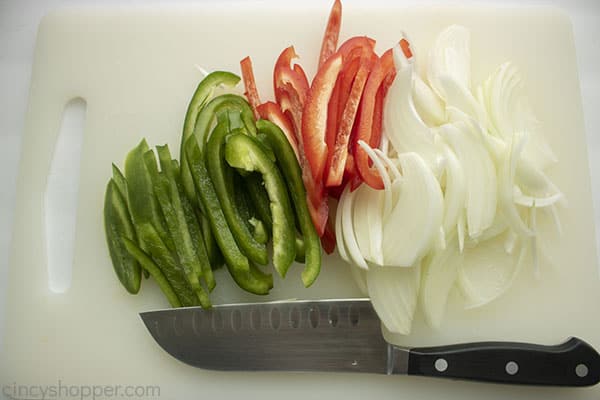 Sliced peppers and onions