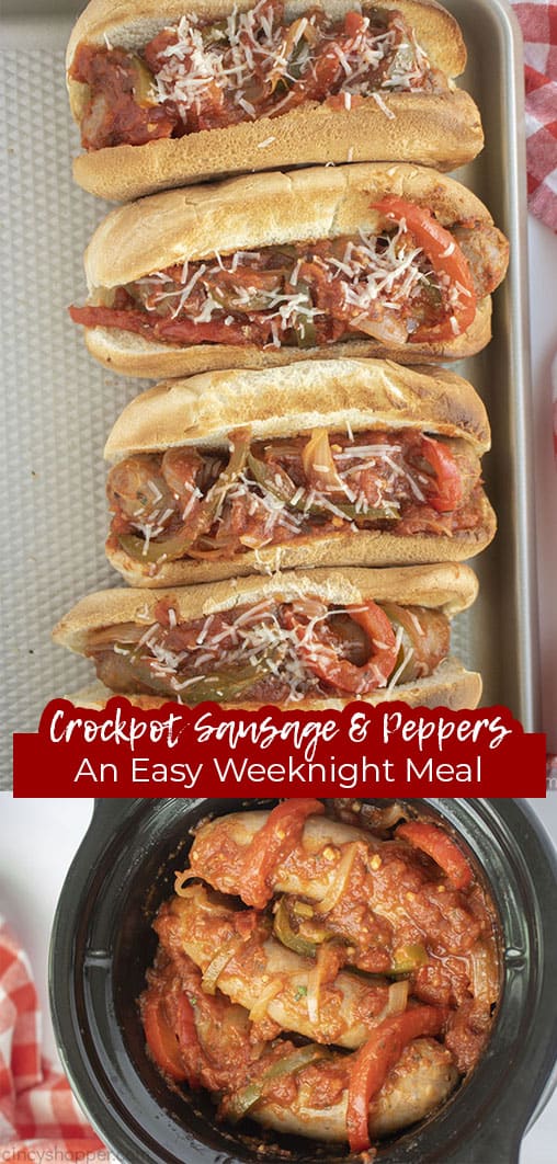 Long pin with text Crockpot Sausage & Peppers An Easy Weeknight Meal