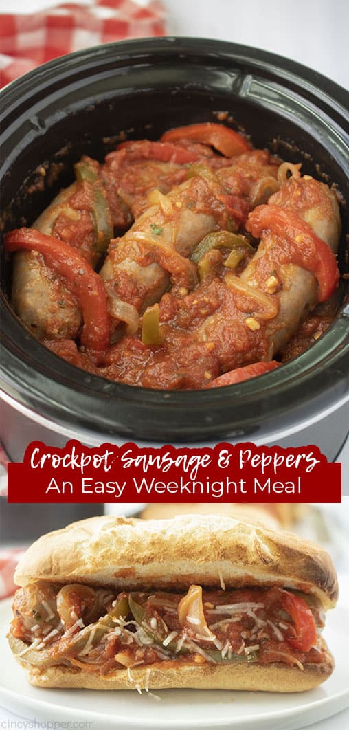 Long pin with text Crockpot Sausage & Peppers An Easy Weeknight Meal