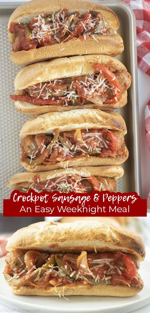 Long pin with text Crockpot Sausage & Peppers An Easy Weeknight Meal