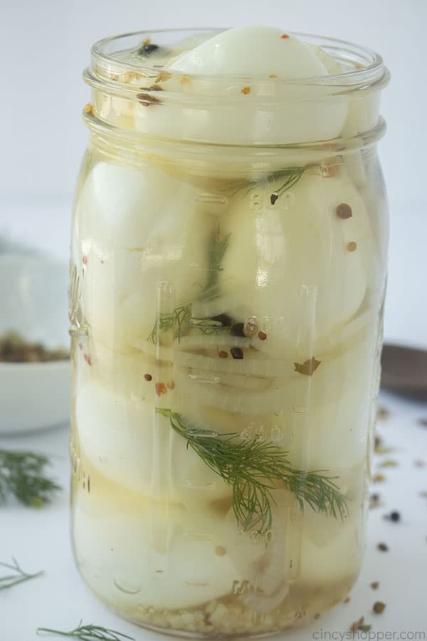 Easy pickled eggs in a jar with spices