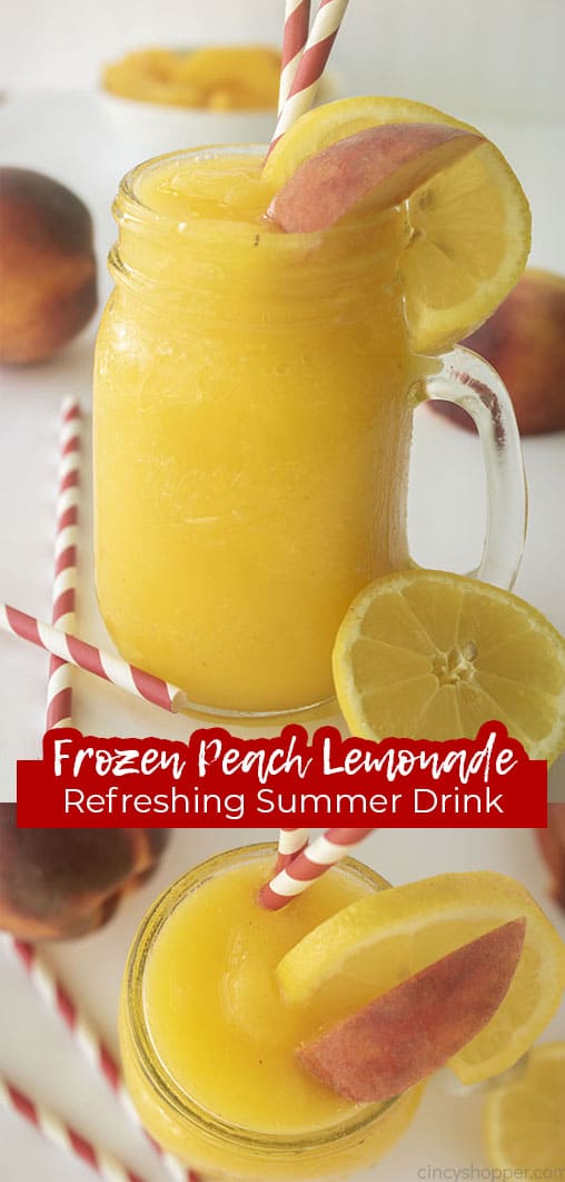 Long pin with text Frozen Peach Lemonade Refreshing Summer Drink