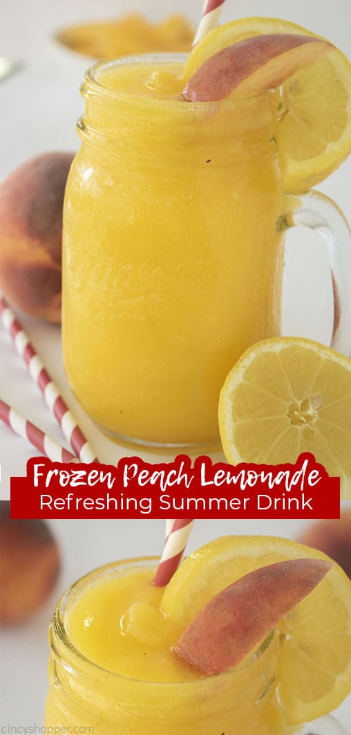Long pin with text Frozen Peach Lemonade Refreshing Summer Drink