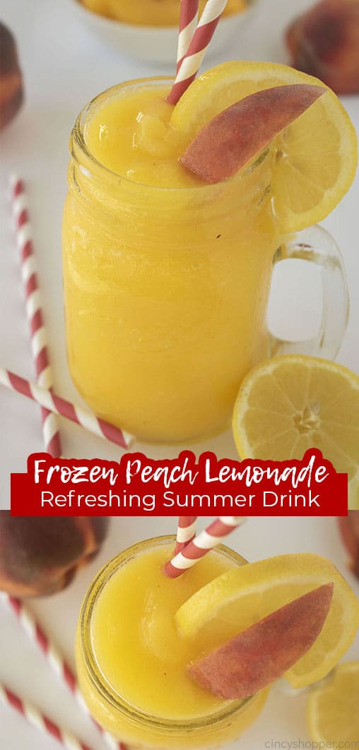 Long pin with text Frozen Peach Lemonade Refreshing Summer Drink