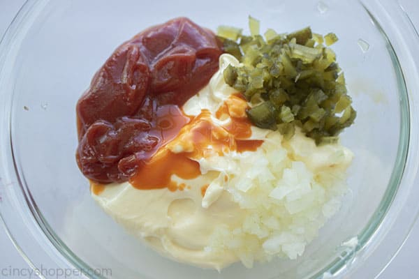 Thousand dressing ingredients in a bowl