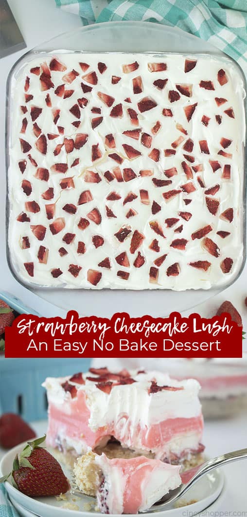 Long pin with text Strawberry Cheesecake Lush An Easy No Bake Dessert