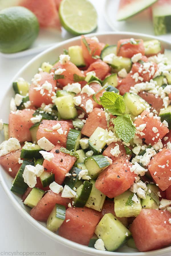 Mediterranean Watermelon Salad with feta in a bowl