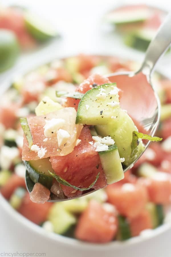 Watermelon Salad with feta cheese on a spoon