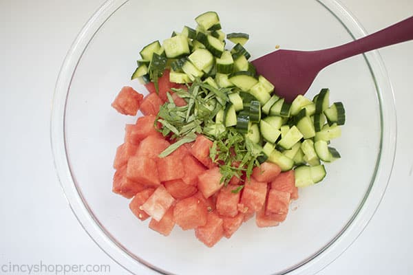 Cucumber and watermelon with mint and basil in a bowl