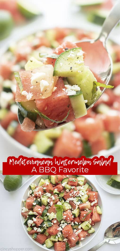 Long pin with text Mediterranean Watermelon Salad A BBQ Favorite