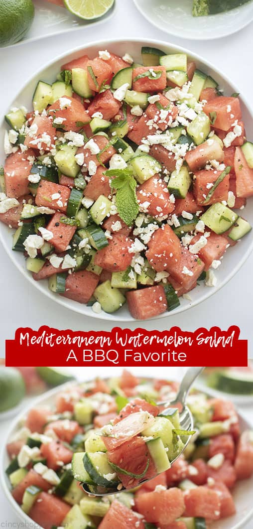 Long pin with text Mediterranean Watermelon Salad A BBQ Favorite