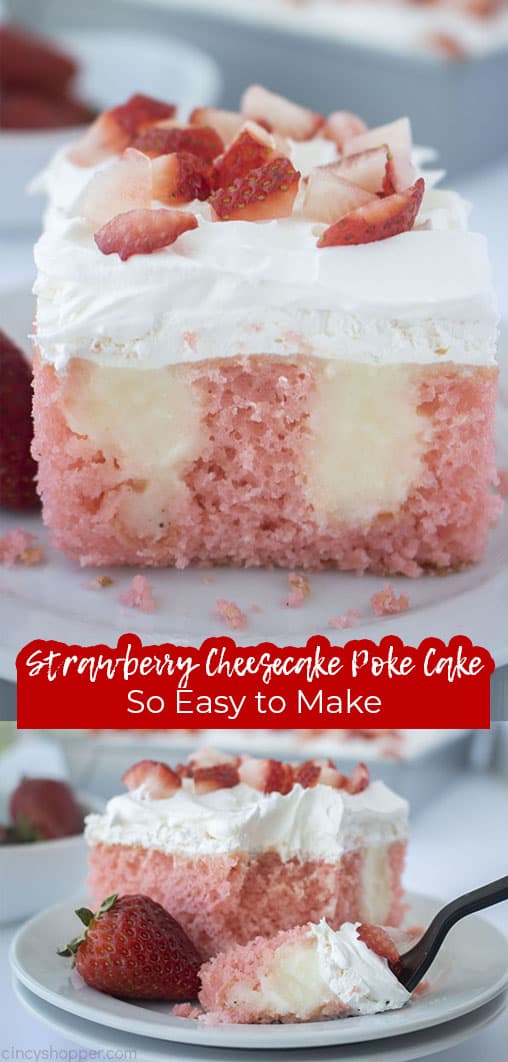 Long pin with text Strawberry Cheesecake Poke Cake So Easy to Make