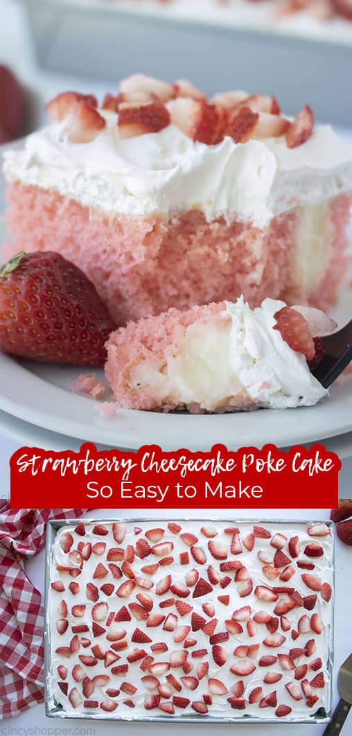 Long pin with text Strawberry Cheesecake Poke Cake So Easy to Make