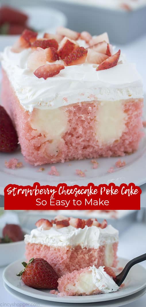 Long pin with text Strawberry Cheesecake Poke Cake So Easy to Make