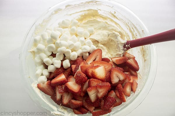 Marshmallows and Strawberries added to whipped mixture