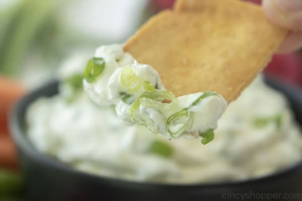 Green onion dip on a pita chip