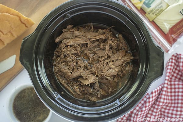 Shredded Roast for French Dip Sandwiches in Slow Cooker