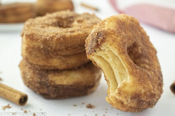 Cinnamon sugar donuts with bite