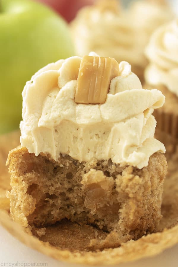 Bite from Apple Cupcakes with Caramel Buttercream Frosting